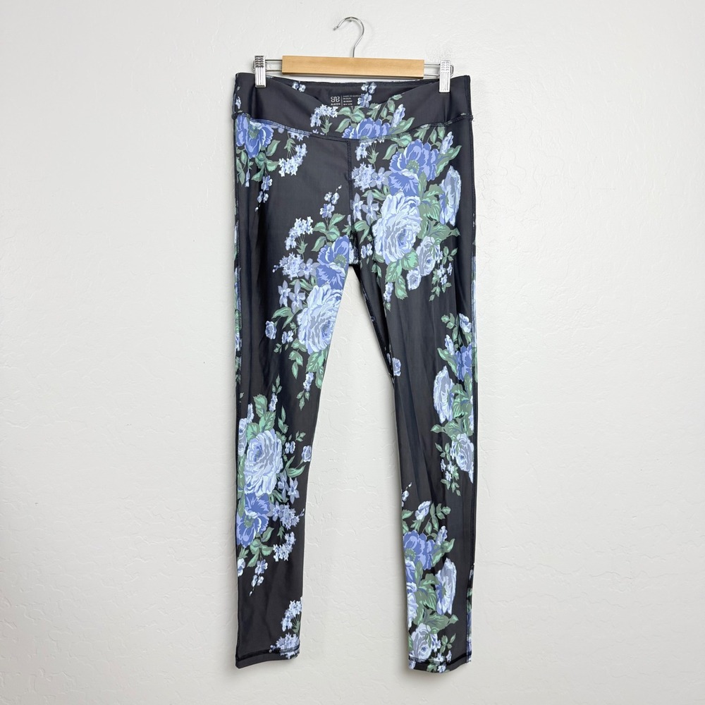 Albion Fit Women XL Floral Leggings Blue Rose Grey Athleisure Yoga Pants